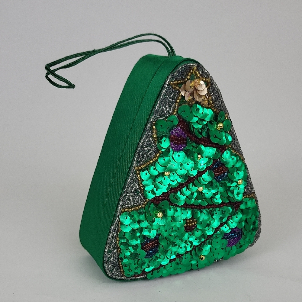 Vtg Christmas Beaded Sequin Christmas Tree Trinket Gift Box Ornament